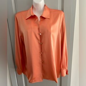 Vintage Louis Feraud Coral / Salmom color satin button down blouse. Size 12